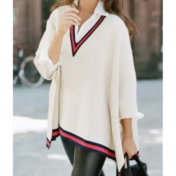 Tuckernuck Camden Sweater Poncho Cream One Size Cozy Preppy Lagenlook Pullover - Picture 4 of 13